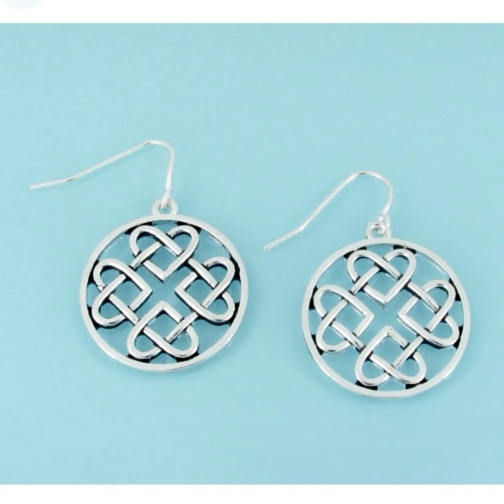 NEW The Zoe dangle Earrings Celtic Silver color Lovers Knot Round - Boutique
